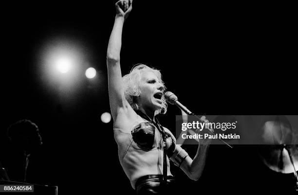 Singer Dale Bozzio of Missing Persons performing in Milwaukee, Wisconsin, March 15, 1983.