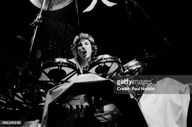 Drummer Terry Bozzio of Missing Persons performing in Milwaukee, Wisconsin, March 15, 1983.