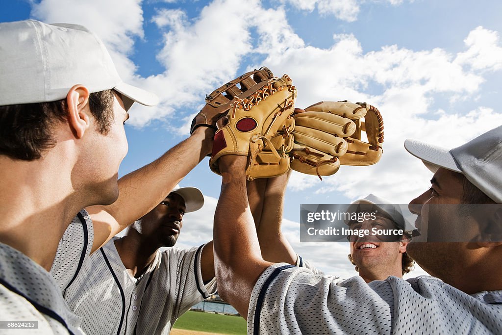 Baseball players cheering