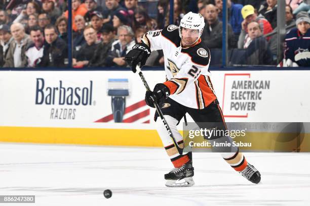 Francois Beauchemin of the Anaheim Ducks skates against the Columbus Blue Jackets on December 1, 2017 at Nationwide Arena in Columbus, Ohio.