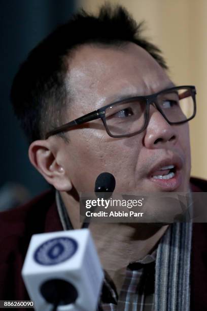 Dat Nguyen speaks among the 2017 College Football Hall of Fame Class during the press conference for the 60th NFF Anual Awards Ceremony at New York...