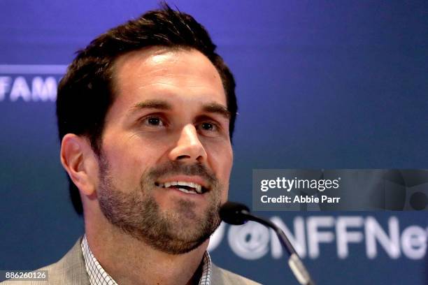 Matt Leinart speaks among the 2017 College Football Hall of Fame Class during the press conference for the 60th NFF Anual Awards Ceremony at New York...