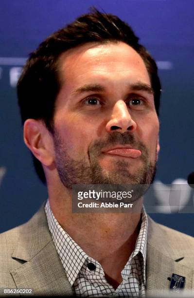 Matt Leinart speaks among the 2017 College Football Hall of Fame Class during the press conference for the 60th NFF Anual Awards Ceremony at New York...