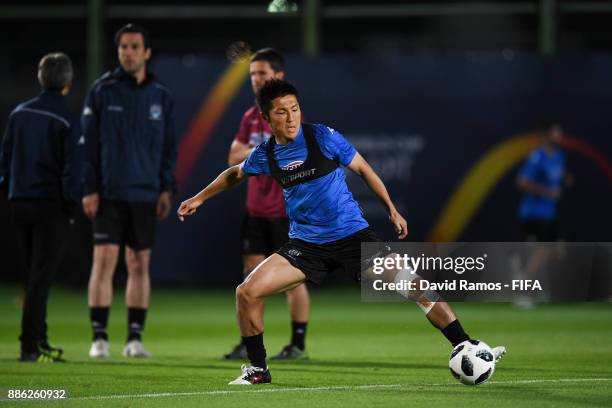 Takuya Iwata of Auckland City Football Club in action during a training session at Khalifa Bin Zayed training facilities on December 5, 2017 in Al...