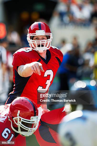 quarterback calling signals at line of scrimmage - quarterback imagens e fotografias de stock