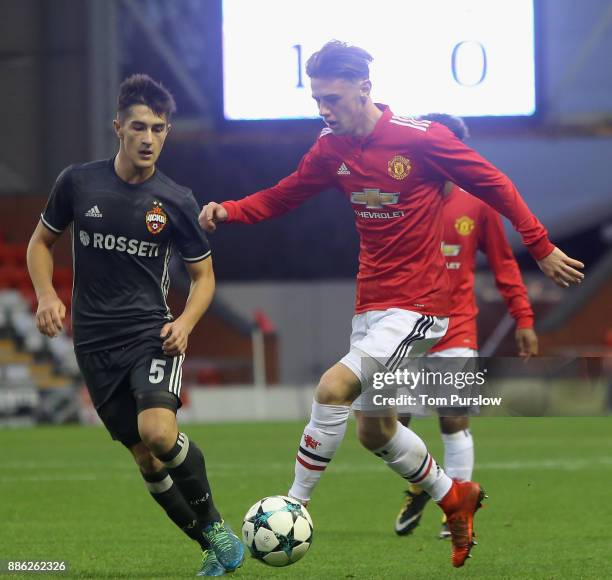 Indy Boonen of Manchester United U19s in action during the UEFA Champions League group A match between Manchester United and CSKA Moskva at Leigh...