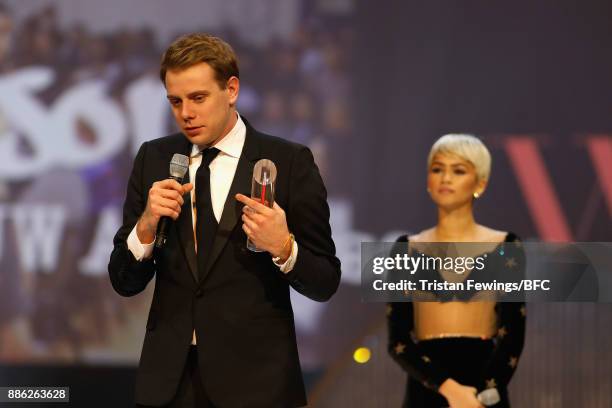 Jonathan Anderson , winner of the British Designer of the Year Womenswear award, and Zendaya on stage during The Fashion Awards 2017 in partnership...