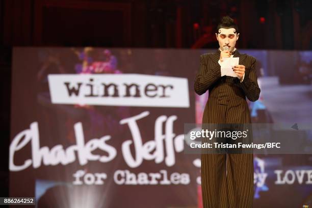 Charles Jeffrey winner of the British Emerging Talent Menswear award on stage during The Fashion Awards 2017 in partnership with Swarovski at Royal...