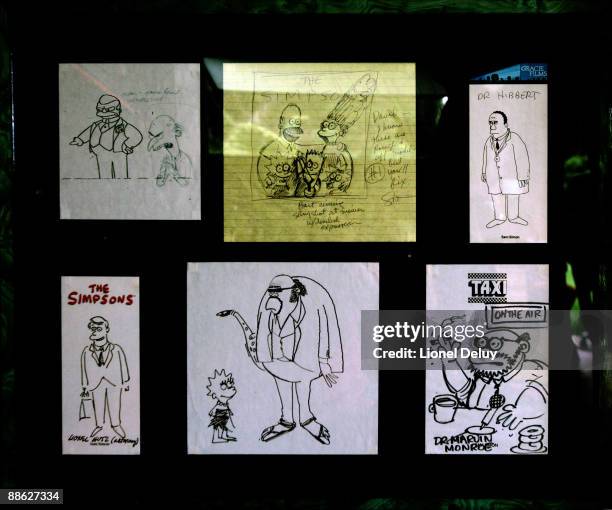 Details of comic drawings in American television producer and writer, one of the original developers of "The Simpsons" Sam Simon's home photographed...