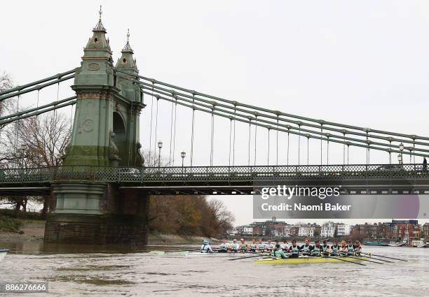 Both Cambridge University Women's Boat Club crews race under Hammersmith Bridge during The Cancer Research UK Boat Race Trial 8s on December 5, 2017...