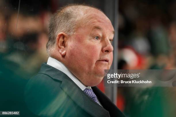 Minnesota Wild head coach Bruce Boudreau leads his team during the game against the Vegas Golden Knights at the Xcel Energy Center on November 30,...