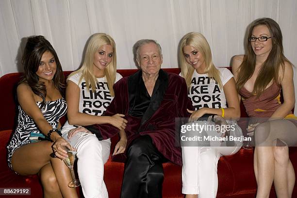 Guest, Karina Shannon, Hugh Hefner, Karissa Shannon and a guest attend The Marijuana Policy Project's Fourth Annual Party at the Playboy Mansion on...