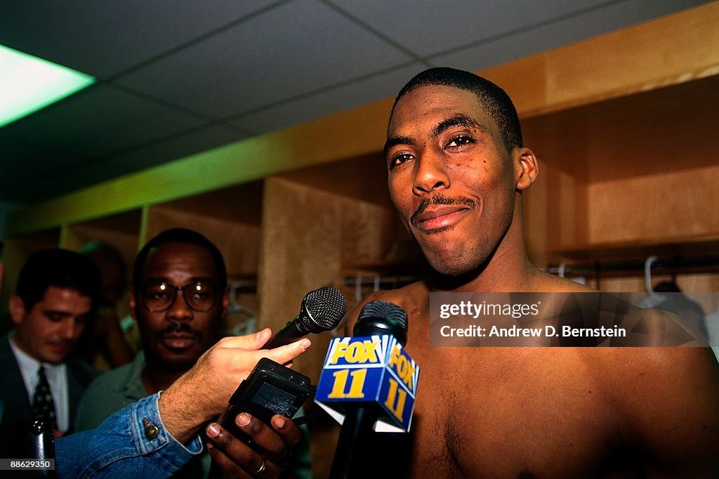 Lakers 1995 Roster Eddie Jones of the Los Angeles Lakers addresses the media following ...