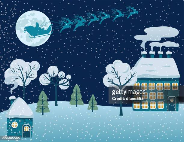 ilustraciones, imágenes clip art, dibujos animados e iconos de stock de lindas casas en colinas cubierto de nieve - hand drawn christmas card with reindeer