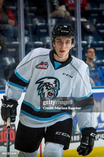 Peyton Krebs of the Kootenay Ice skates during warm up against the Kelowna Rockets on December 2, 2017 at Prospera Place in Kelowna, British...