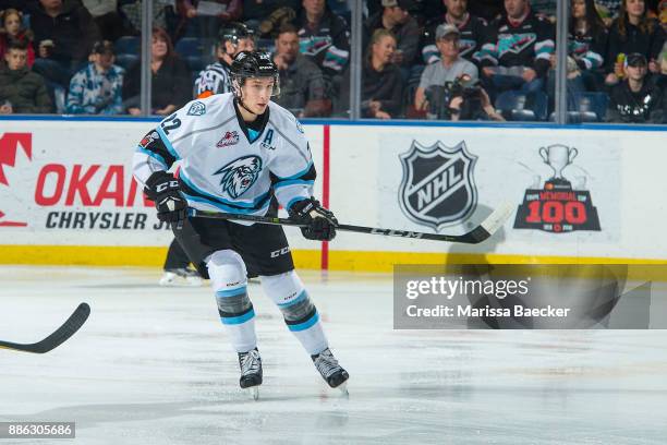 Brett Davis of the Kootenay Ice skates against the Kelowna Rockets on December 2, 2017 at Prospera Place in Kelowna, British Columbia, Canada.