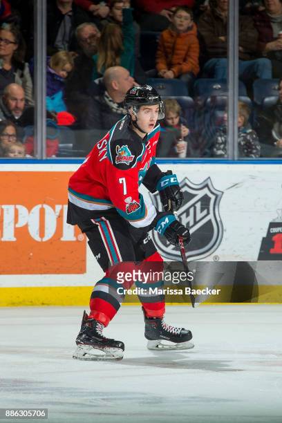Libor Zabransky of the Kelowna Rockets completes a pass against the Kootenay Ice on December 2, 2017 at Prospera Place in Kelowna, British Columbia,...