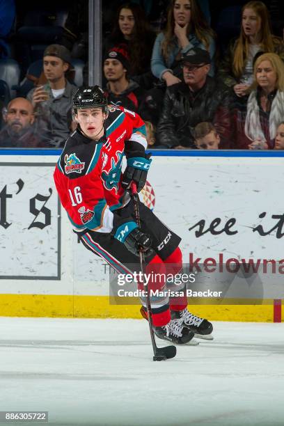 Kole Lind of the Kelowna Rockets skates from the behind the net with the puck against the Kootenay Ice on December 2, 2017 at Prospera Place in...