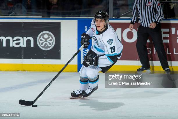 Peyton Krebs of the Kootenay Ice skates with the puck against the Kelowna Rockets on December 2, 2017 at Prospera Place in Kelowna, British Columbia,...