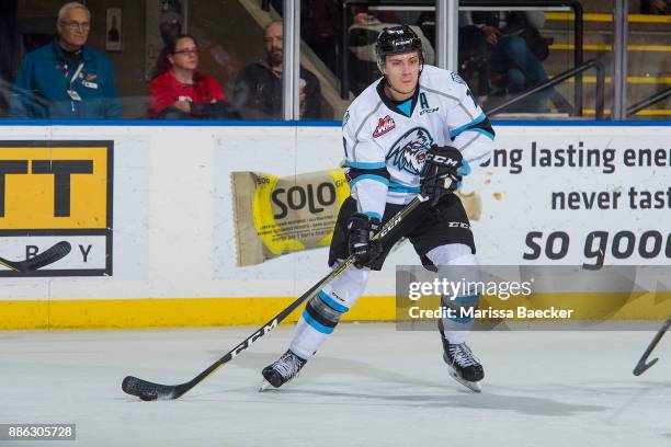 Vince Loschiavo of the Kootenay Ice passes the puck against the Kelowna Rockets on December 2, 2017 at Prospera Place in Kelowna, British Columbia,...