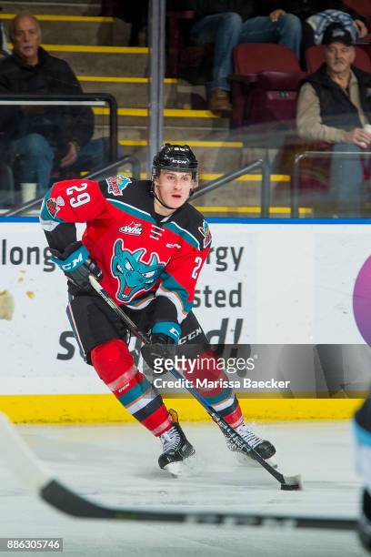 Nolan Foote of the Kelowna Rockets skates with the puck against the Kootenay Ice on December 2, 2017 at Prospera Place in Kelowna, British Columbia,...