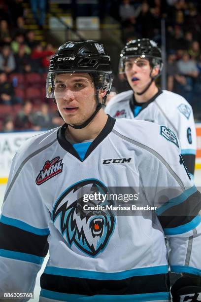 Martin Bodak of the Kootenay Ice skates to the bench to celebrate his first WHL goal against the Kelowna Rockets on December 2, 2017 at Prospera...