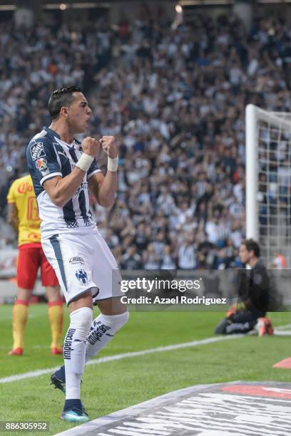 Rogelio Funes Mori of Monterrey celebrates after scoring his team's first goal during the semifinal second leg match between Monterrey and Morelia as...