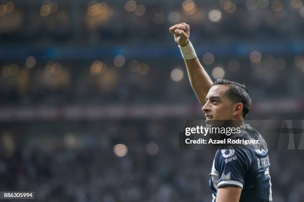 Rogelio Funes Mori of Monterrey celebrates after scoring his team´s first goal during the semifinal second leg match between Monterrey and Morelia as...