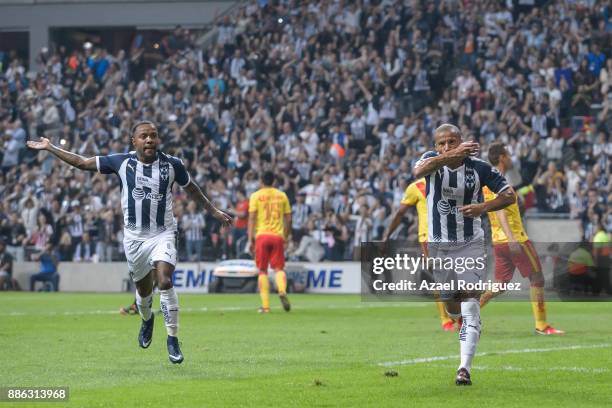 Carlos Sanchez of Monterrey celebrates after scoring his team's second goal during the semifinal second leg match between Monterrey and Morelia as...