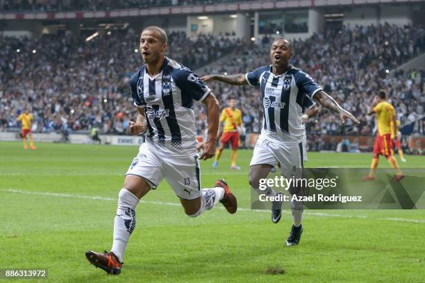 Carlos Sanchez of Monterrey celebrates after scoring his team's second goal during the semifinal second leg match between Monterrey and Morelia as...