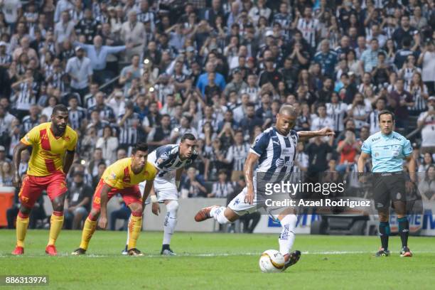 Carlos Sanchez of Monterrey takes a penalty kick during the semifinal second leg match between Monterrey and Morelia as part of the Torneo Apertura...