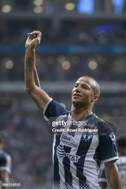 Carlos Sanchez of Monterrey celebrates after scoring his team's second goal during the semifinal second leg match between Monterrey and Morelia as...