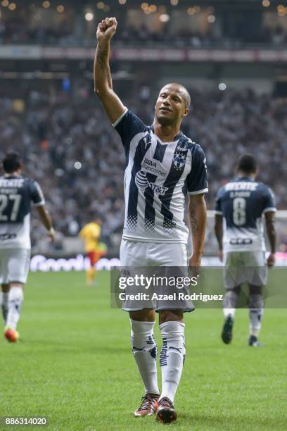 Carlos Sanchez of Monterrey celebrates after scoring his team's second goal during the semifinal second leg match between Monterrey and Morelia as...