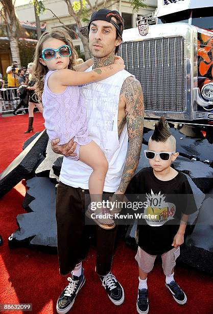 Musician Travis Barker with his children Alabama Barker and Landon Barker arrive at the premiere of Dreamworks' "Transformers: Revenge Of The Fallen"...