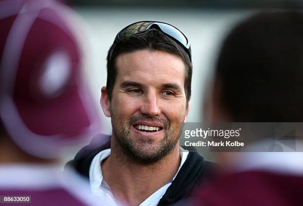 Former Australian tennis player Pat Rafter speaks to the Queensland under 18s team before the start of a Queensland Maroons State of Origin training...