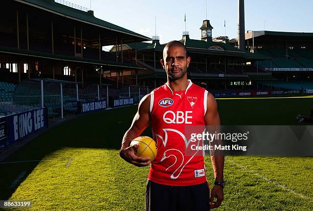 Michael O'Loughlin poses after announcing his retirement during a Sydney Swans AFL Press Conference at the Sydney Cricket Ground on June 23, 2009 in...