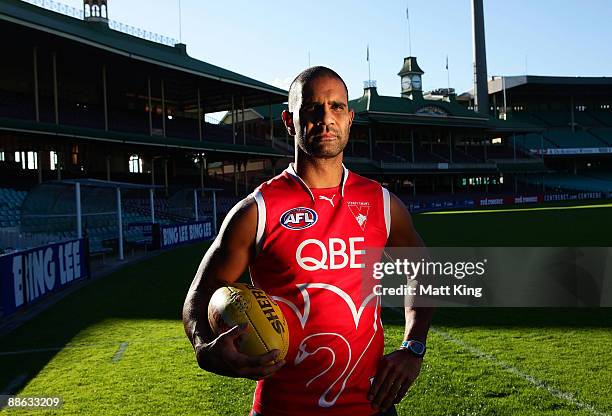 Michael O'Loughlin poses after announcing his retirement during a Sydney Swans AFL Press Conference at the Sydney Cricket Ground on June 23, 2009 in...