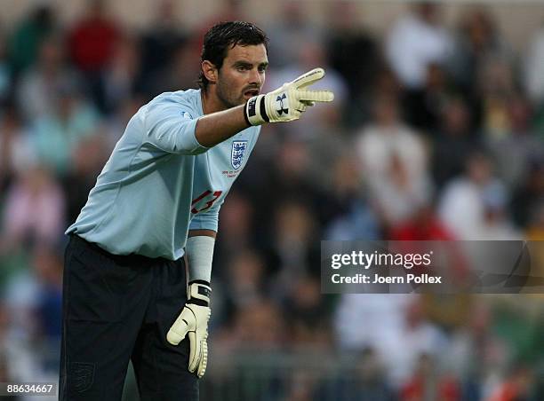 Joe Lewis of England gestures during the UEFA U21 Championship Group B match between Germany and England at the Oerjans vall stadium on June 22, 2009...