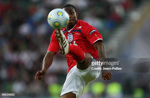 Danny Rose of England controls the ball during the UEFA U21 Championship Group B match between Germany and England at the Oerjans vall stadium on...