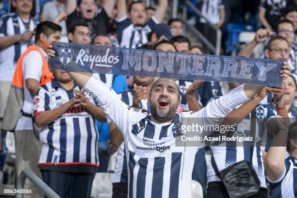 Fans of Monterrey cheer their team during the semifinal second leg match between Monterrey and Morelia as part of the Torneo Apertura 2017 Liga MX at...