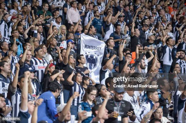 Fans of Monterrey cheer their team during the semifinal second leg match between Monterrey and Morelia as part of the Torneo Apertura 2017 Liga MX at...