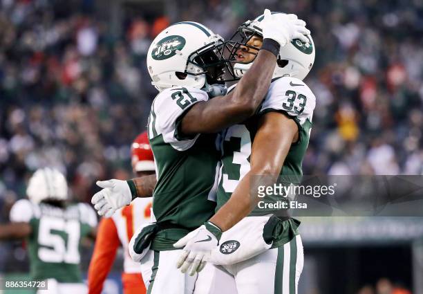 Morris Claiborne and Jamal Adams of the New York Jets celebrate in the fourth quarter against the Kansas City Chiefs on December 03, 2017 at MetLife...