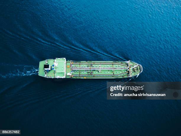 aerial top view tanker ship park in sea . - oil tanker stock-fotos und bilder