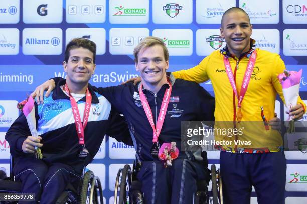Facundo Arregui of Argentina silver medal, Andrea Bjrornstad of Norway gold medal and Carlos Serrano of Colombia bronze medal in men's 400 m...