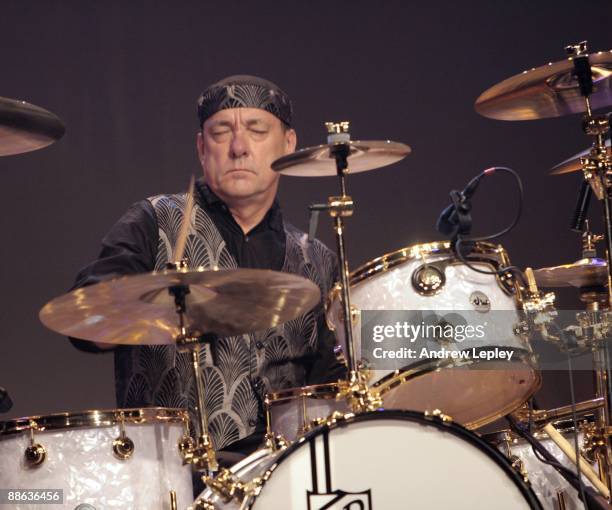 Neil Peart of Rush performs on stage at the Buddy Rich Memorial Concert at the Manhattan Center Hammerstein Ballroom on October 18th, 2008 in New...