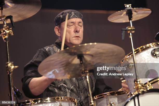 Neil Peart of Rush performs on stage at the Buddy Rich Memorial Concert at the Manhattan Center Hammerstein Ballroom on October 18th, 2008 in New...