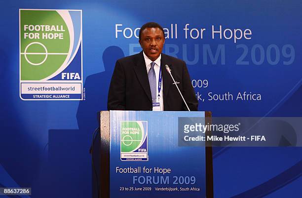 Dr Irvin Khoza, Chairman of the 2010 FIFA World Cup Organising Committee, addresses delegates at the official opening of the Football for Hope Forum...