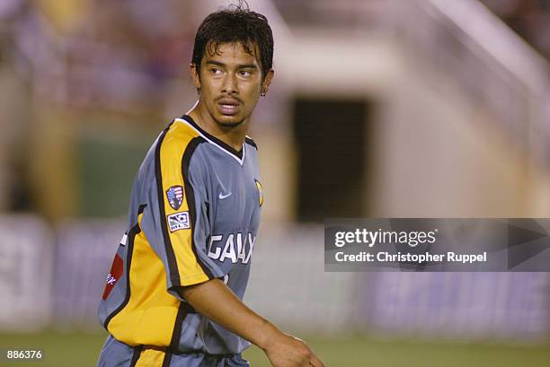 Carlos Ruiz of the Los Angeles Galaxy walks back upfield against the Dallas Burn during the second half at the Rose Bowl on June 22, 2002 in...