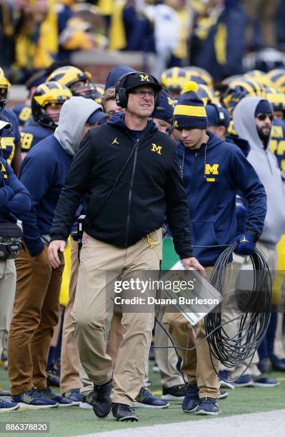 Head coach Jim Harbaugh of the Michigan Wolverines during the second half of a game against the Rutgers Scarlet Knights at Michigan Stadium on...