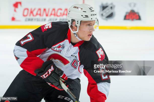 Dennis Cholowski of the Prince George Cougars skates against the Kelowna Rockets at Prospera Place on November 29, 2017 in Kelowna, Canada.